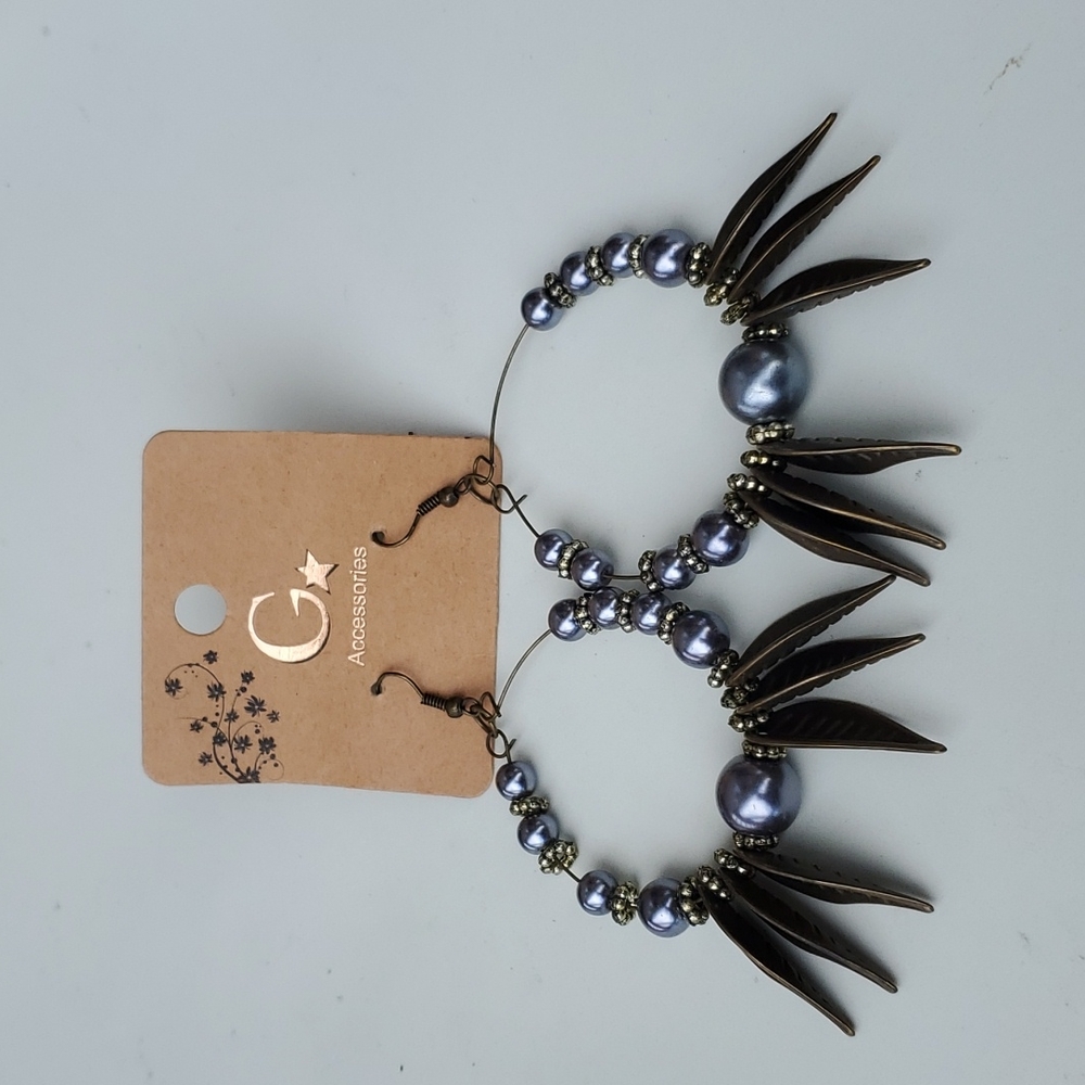 G ACCESSORIES. Unique wired leaf and beaded Spike Look Hoop earrings
